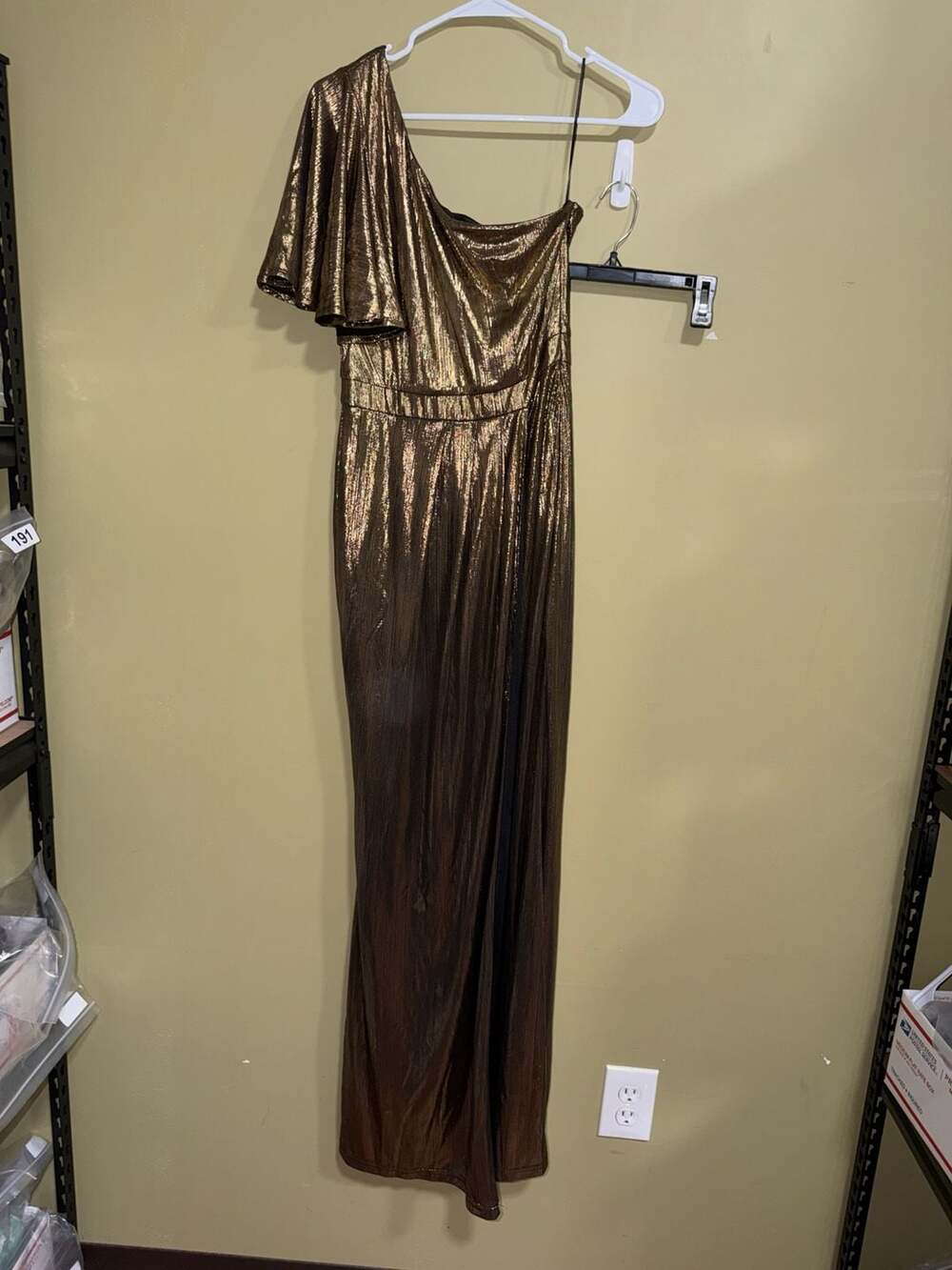 Sugarlips One Shoulder Metallic Pleated Gown Dress